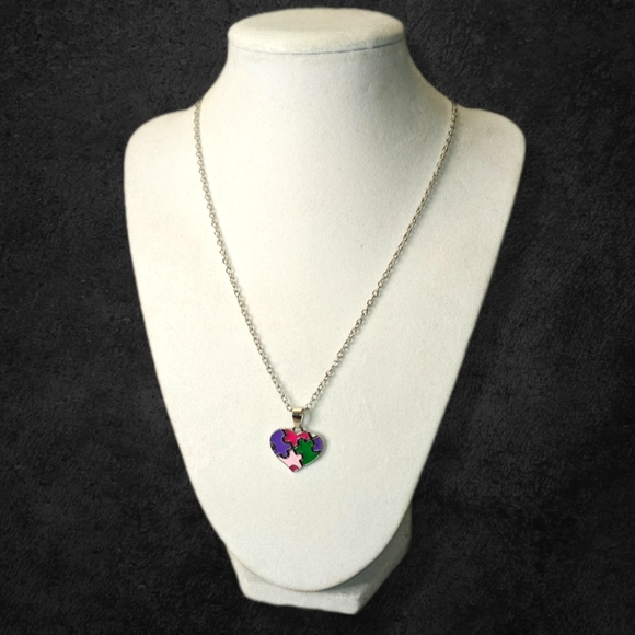 New Autism Awareness Necklace Heart Puzzle Piece Charm Silver Chain Pink - Picture 4 of 9